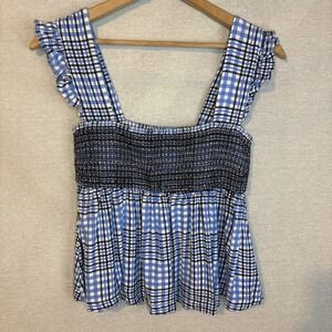 Urban Outfitters Womens‎ Smocked Tank Top Large Blue Plaid Ruffles Cottagecore